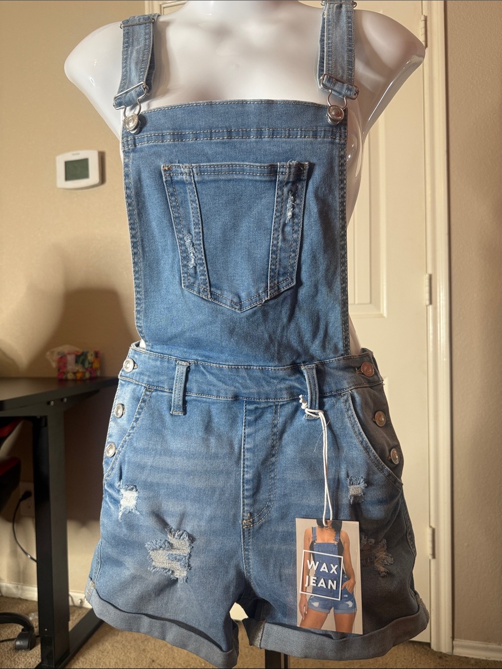 Wax Jean Distressed Denim Short Overalls in Blue - Picture 1 of 4
